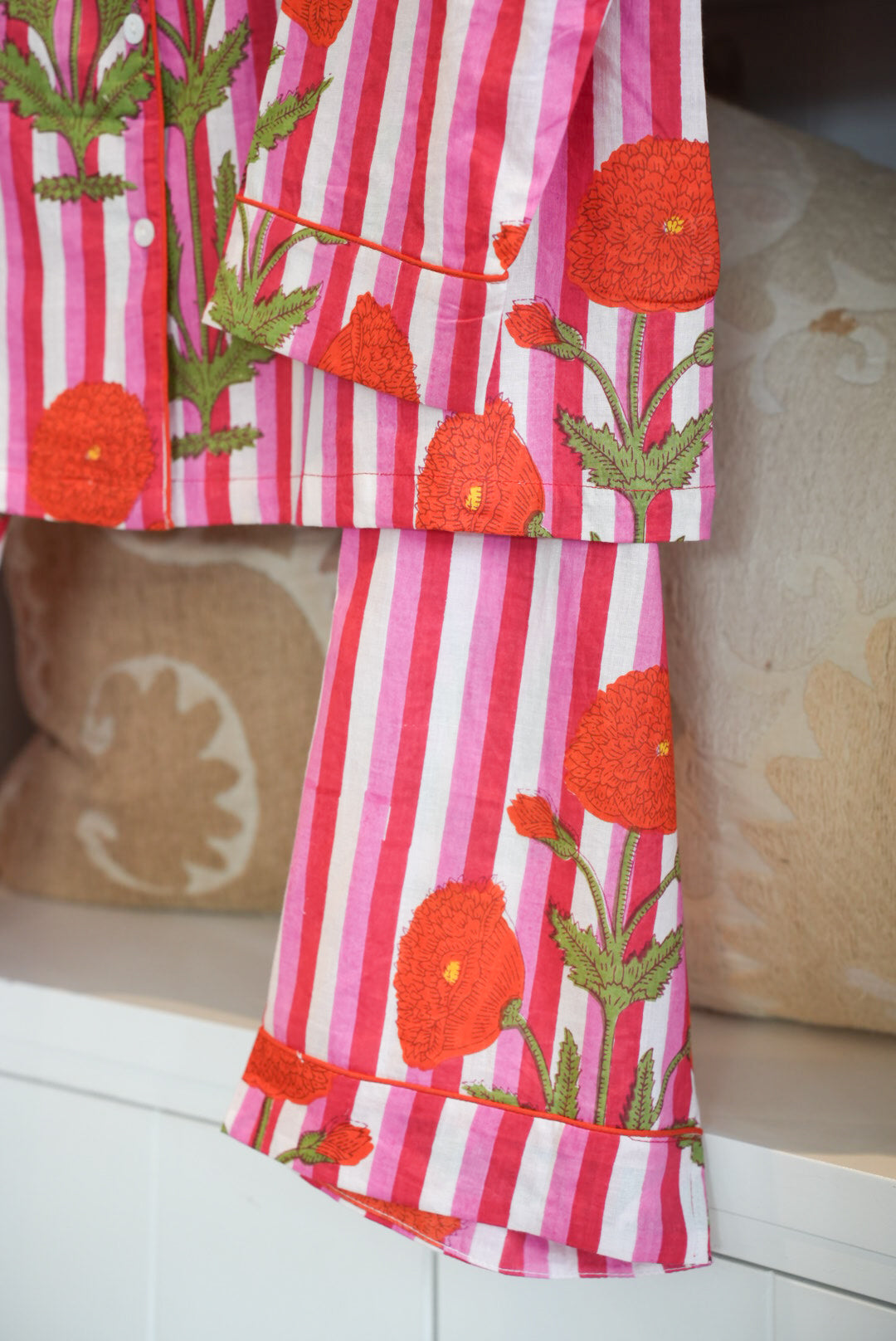 COTTON BLOCK PRINT PJS | LONG | PINK STRIPE POPPY
