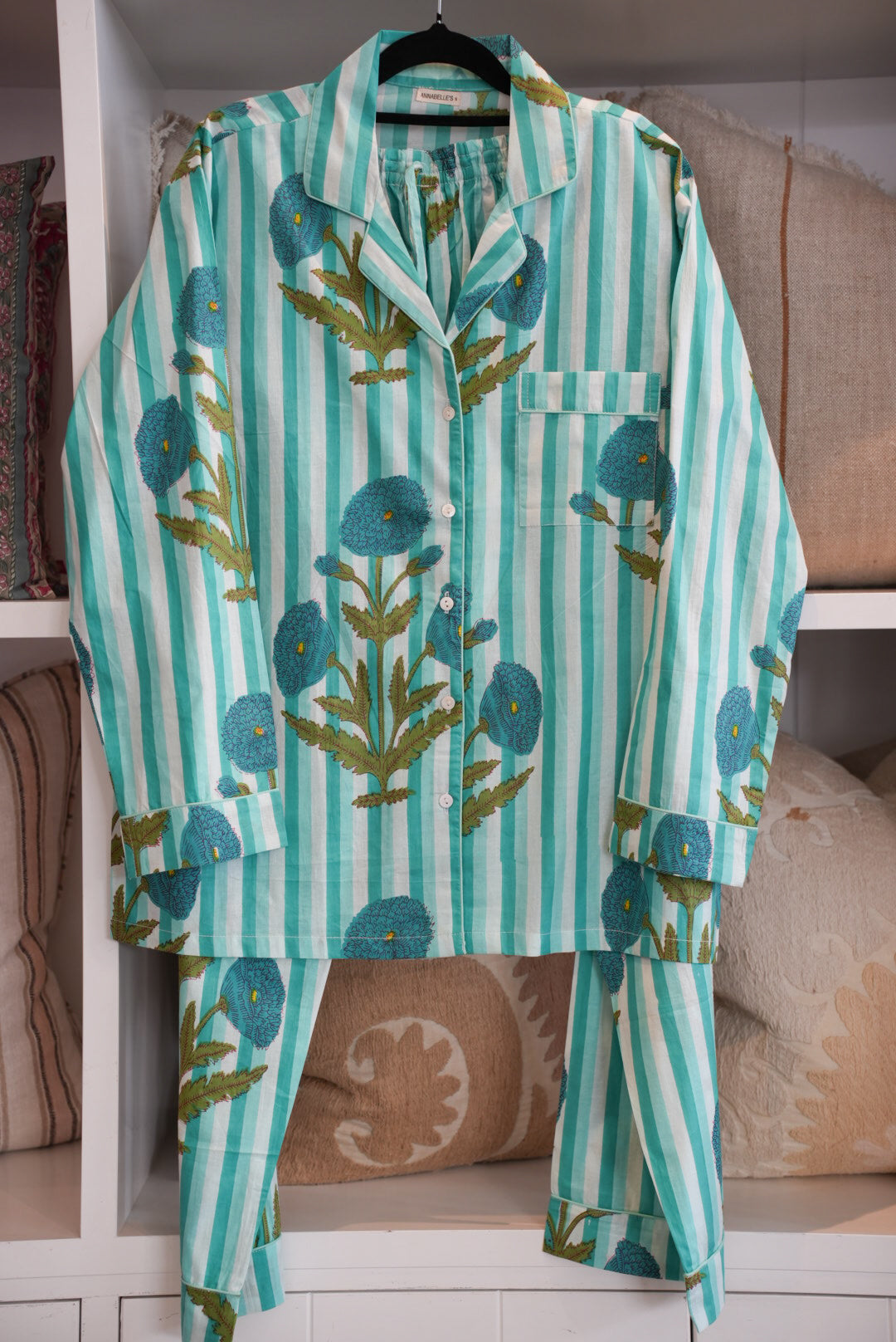 COTTON BLOCK PRINT PJS | LONG | GREEN STRIPE POPPY