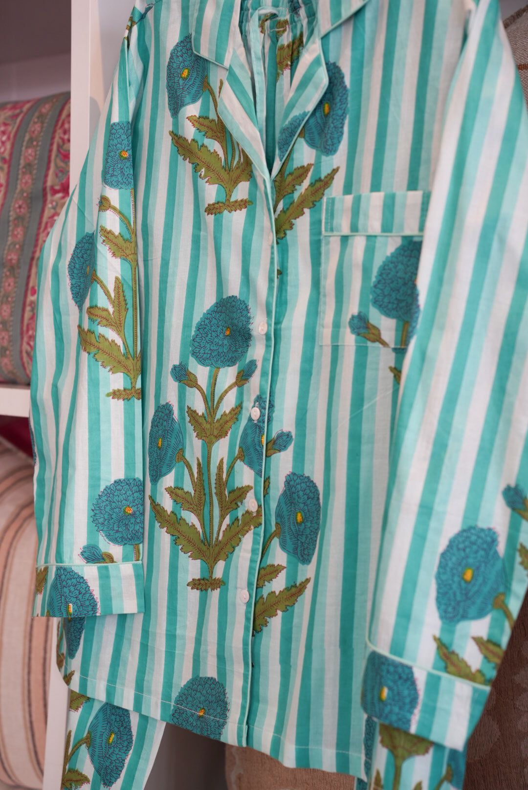 COTTON BLOCK PRINT PJS | LONG | GREEN STRIPE POPPY