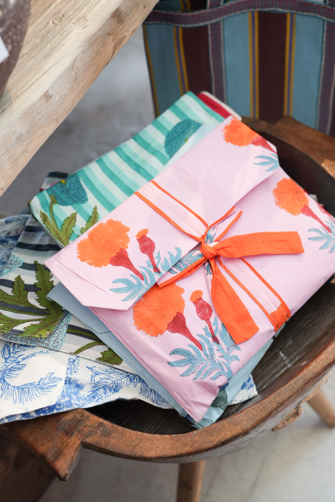 COTTON BLOCK PRINT PJS | LONG | PINK STRIPE POPPY