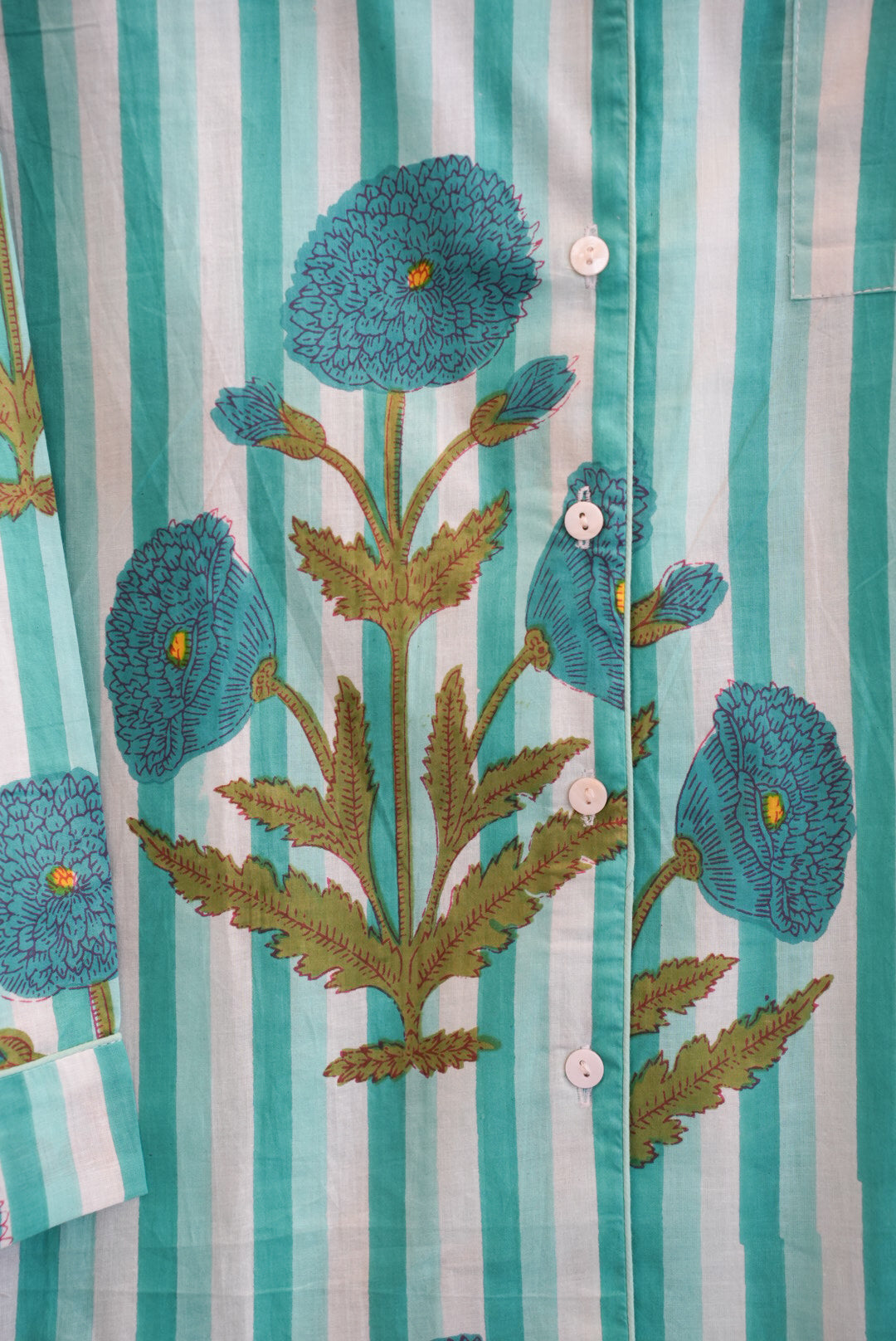 COTTON BLOCK PRINT PJS | LONG | GREEN STRIPE POPPY