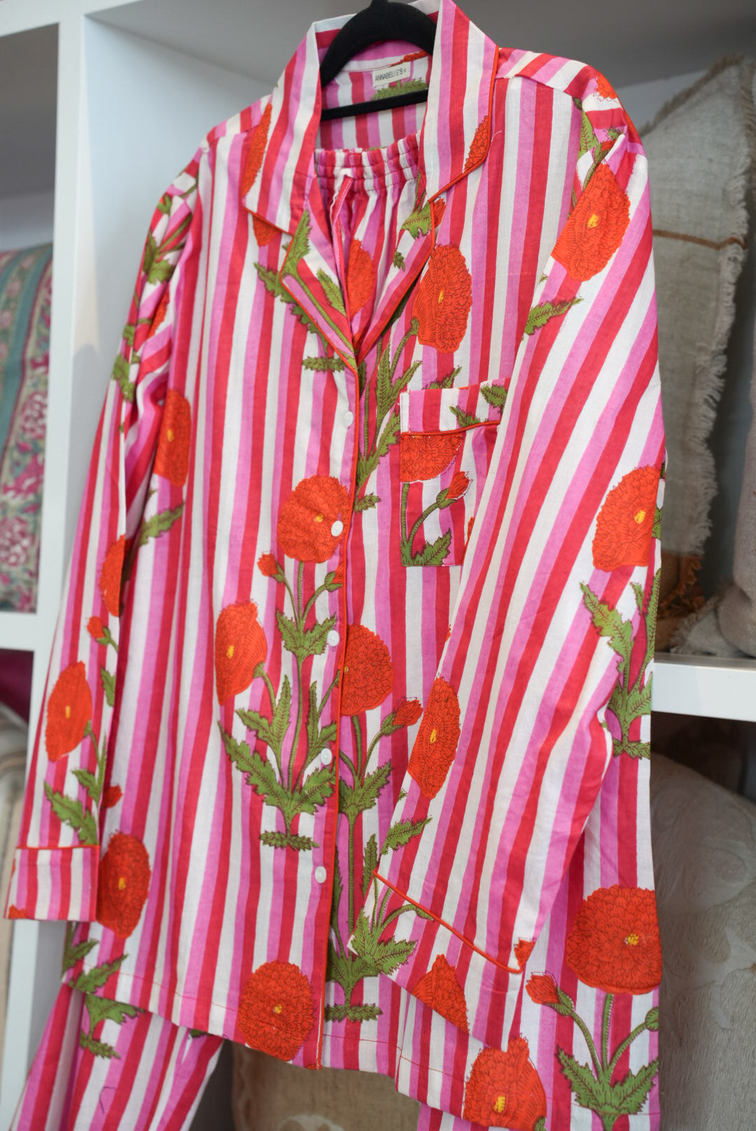 COTTON BLOCK PRINT PJS | LONG | PINK STRIPE POPPY