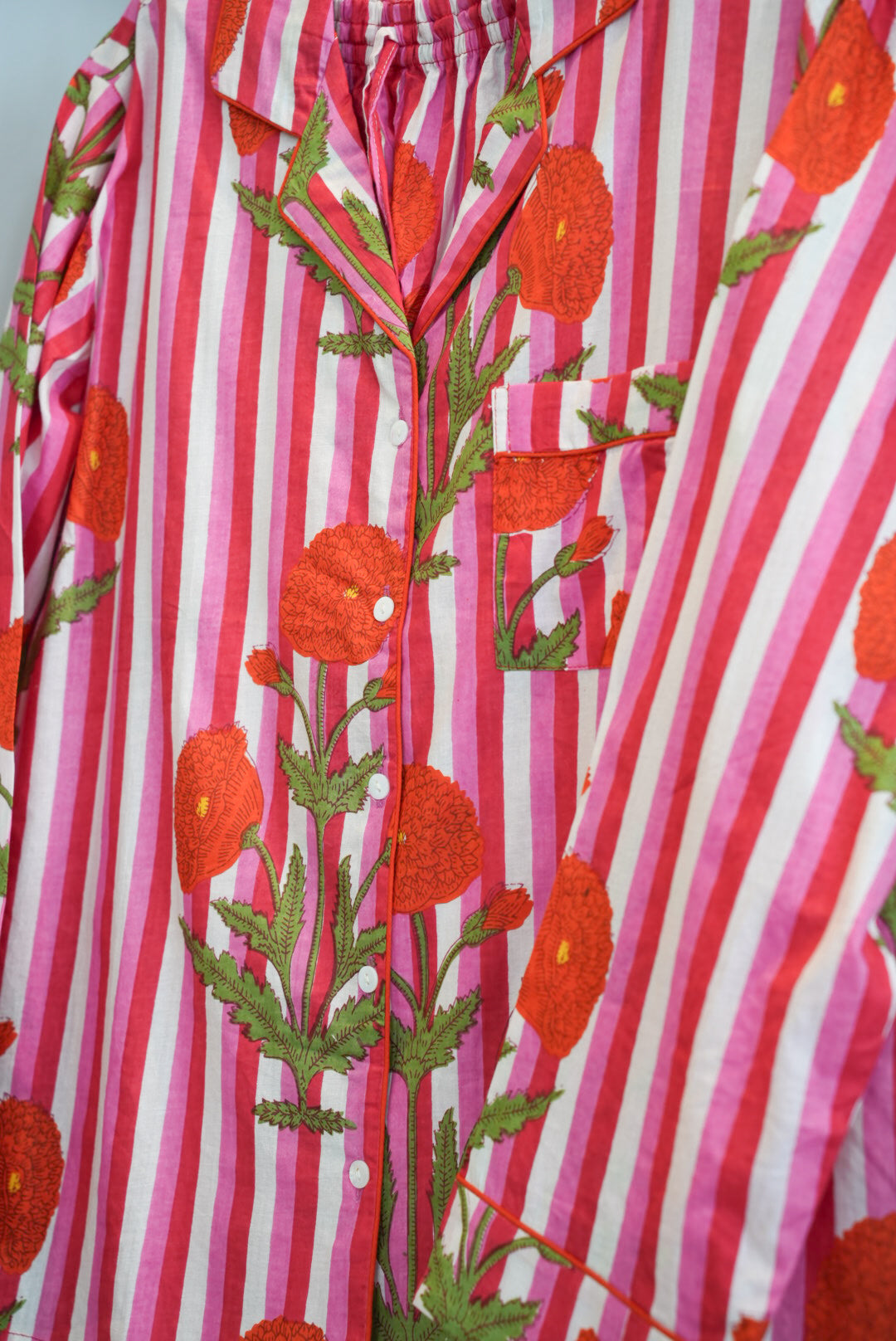 COTTON BLOCK PRINT PJS | LONG | PINK STRIPE POPPY
