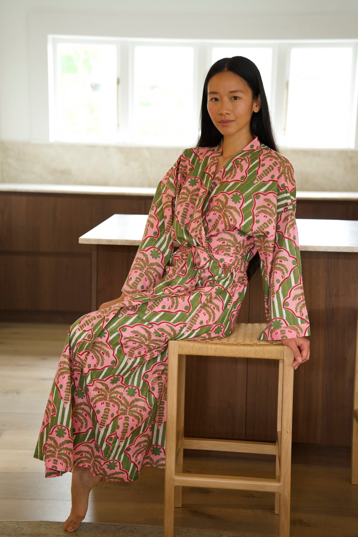 COTTON ROBE | PALM STRIPE GREEN