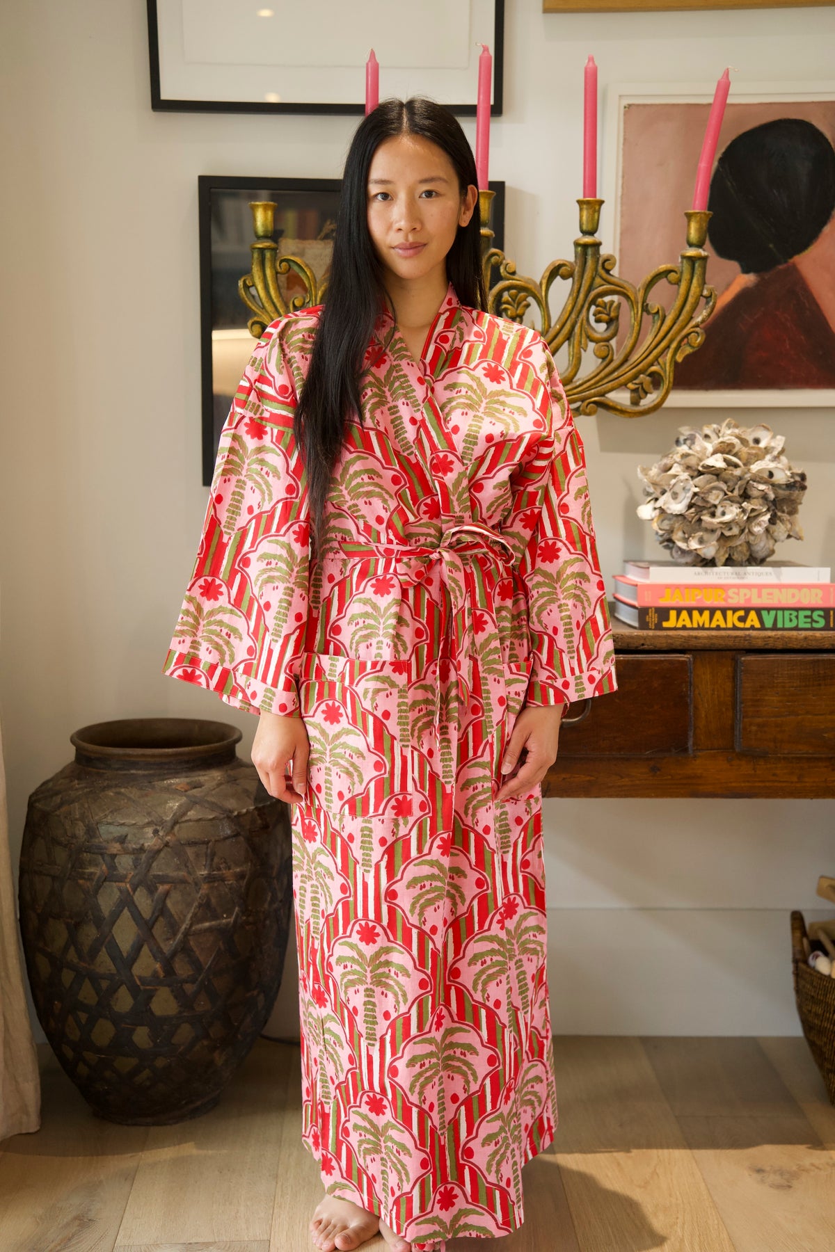 COTTON ROBE | PALM STRIPE RED