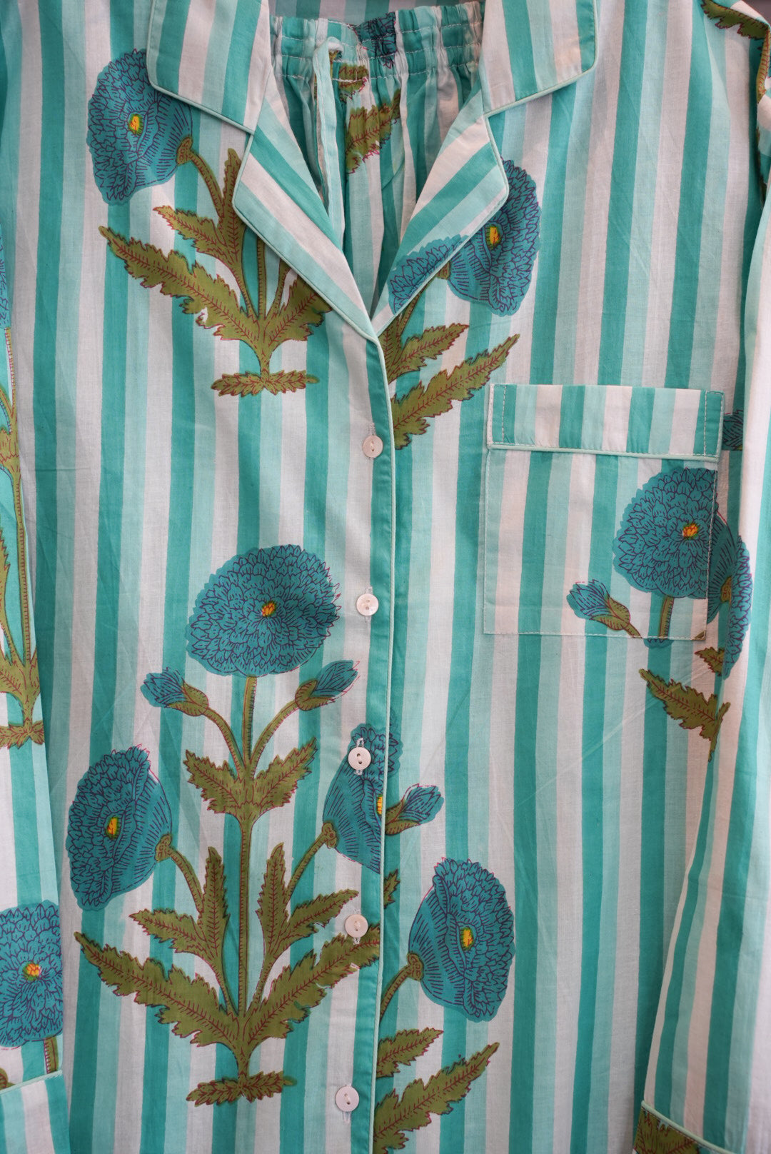 COTTON BLOCK PRINT PJS | LONG | GREEN STRIPE POPPY