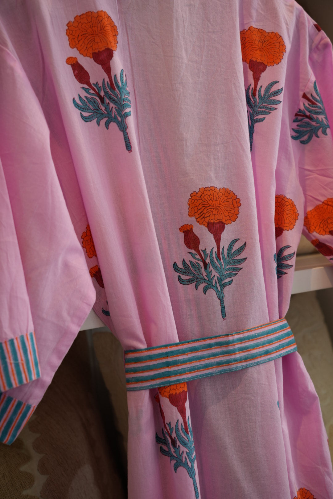 COTTON BLOCK PRINT KIMONO | PINK ORANGE POPPY