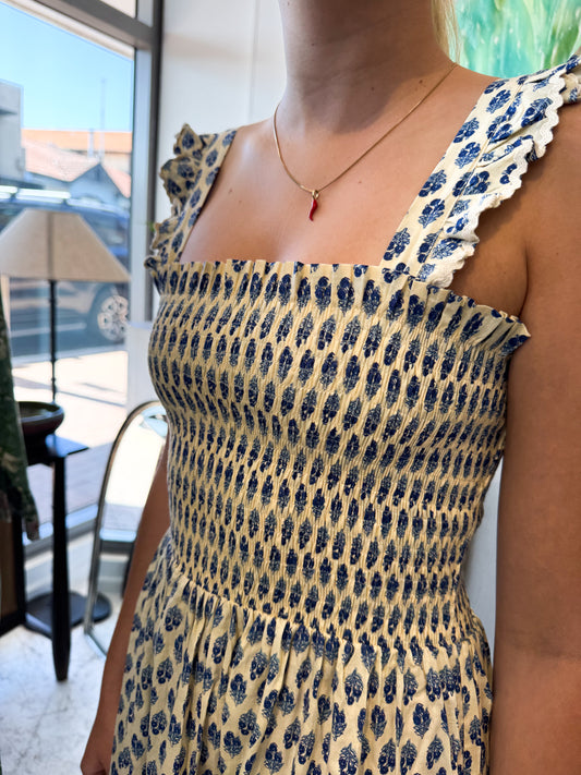 FLORENCE SMOCKED DRESS | INDIGO IVORY