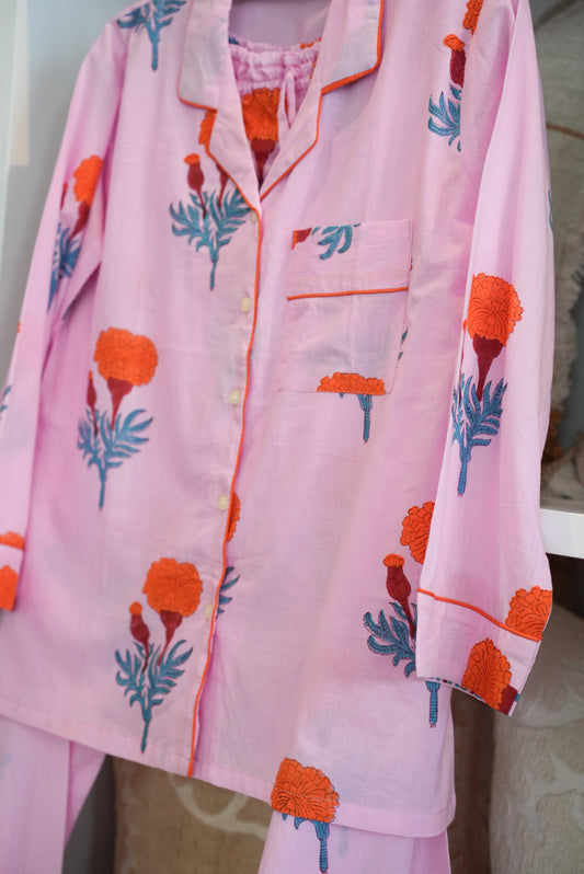 COTTON BLOCK PRINT PJS | LONG | PINK POPPY