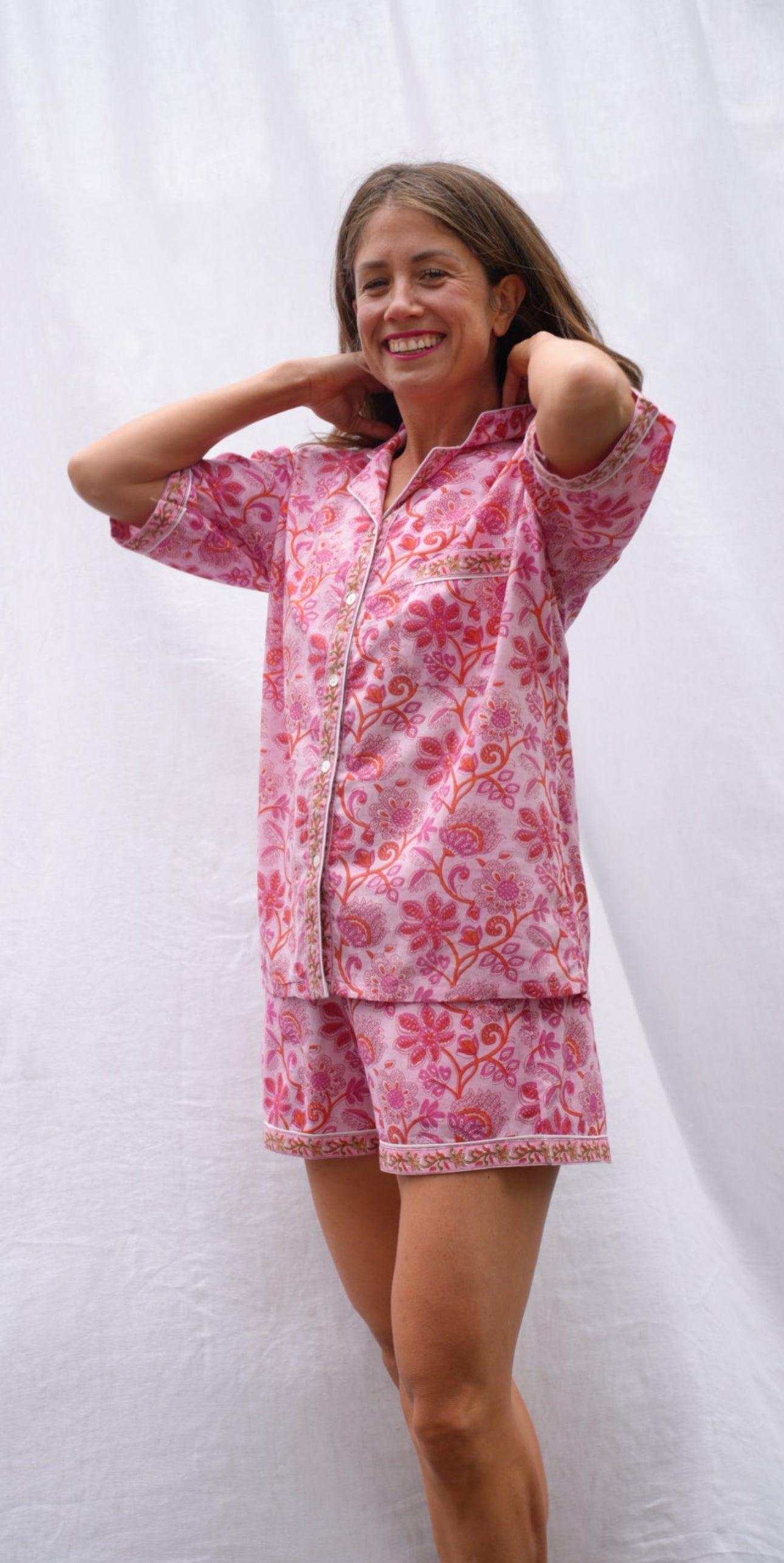 COTTON BLOCK PRINT PJS | SHORT | PINK ORANGE