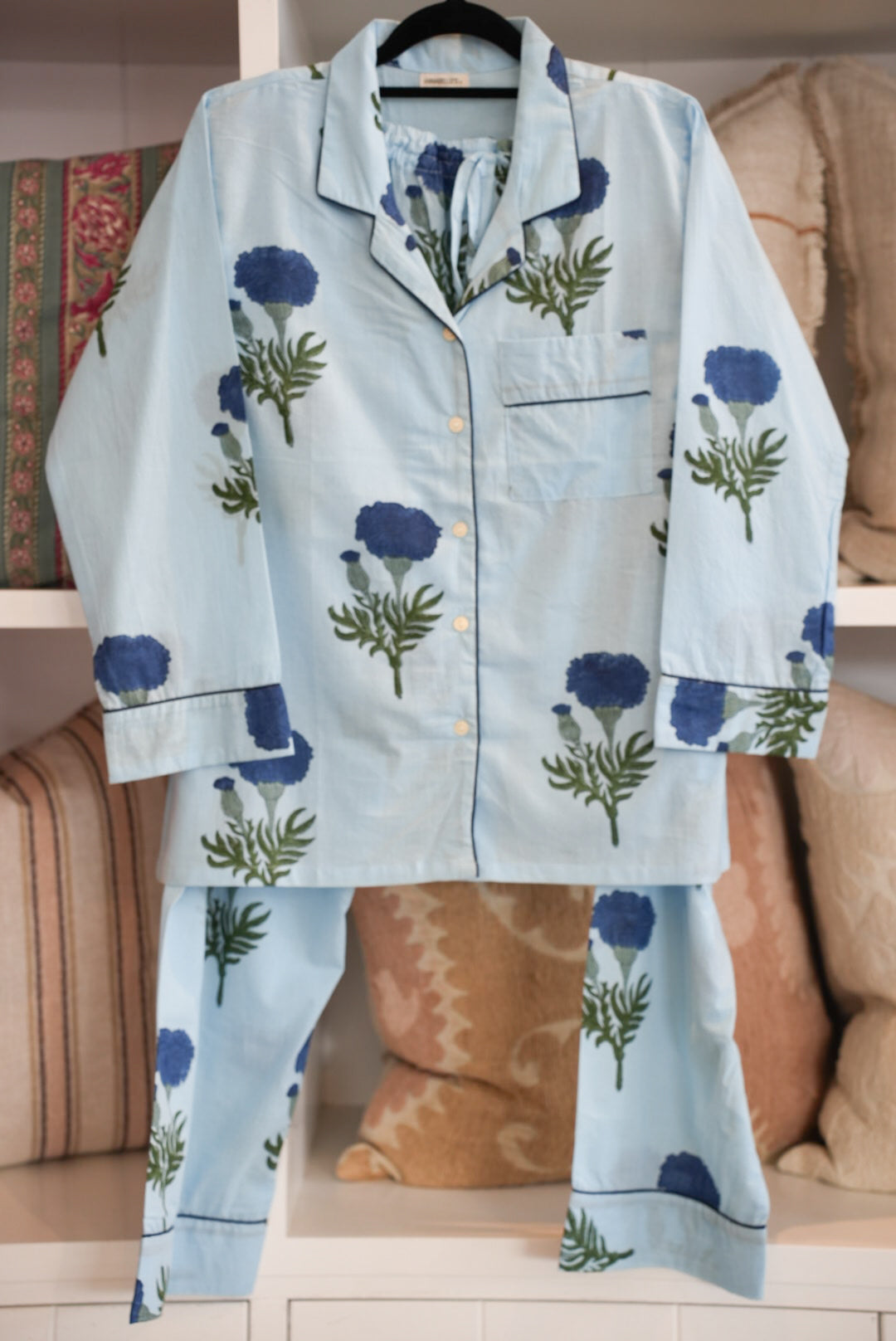 COTTON BLOCK PRINT PJS | LONG | BLUE POPPY