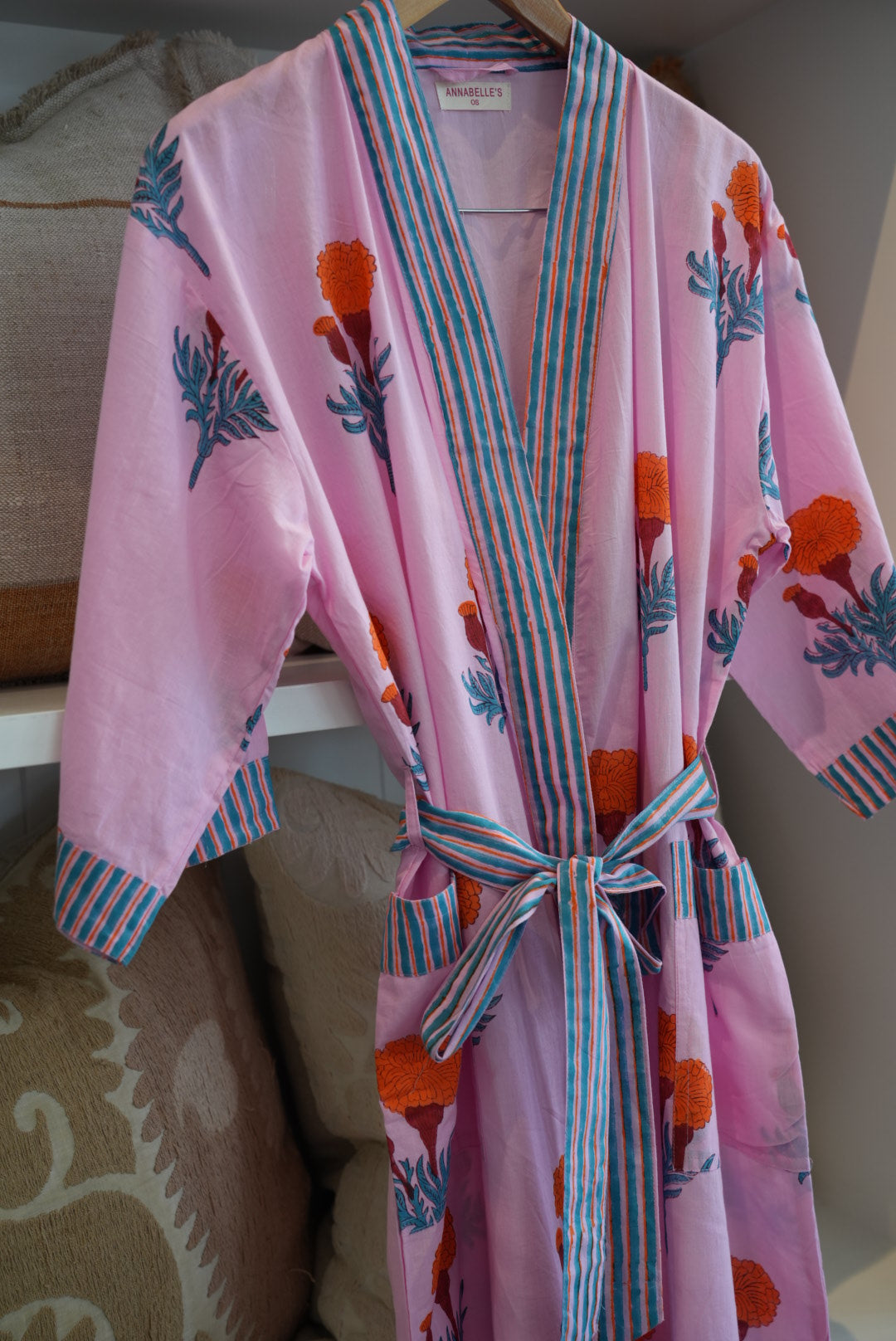 COTTON BLOCK PRINT KIMONO | PINK ORANGE POPPY