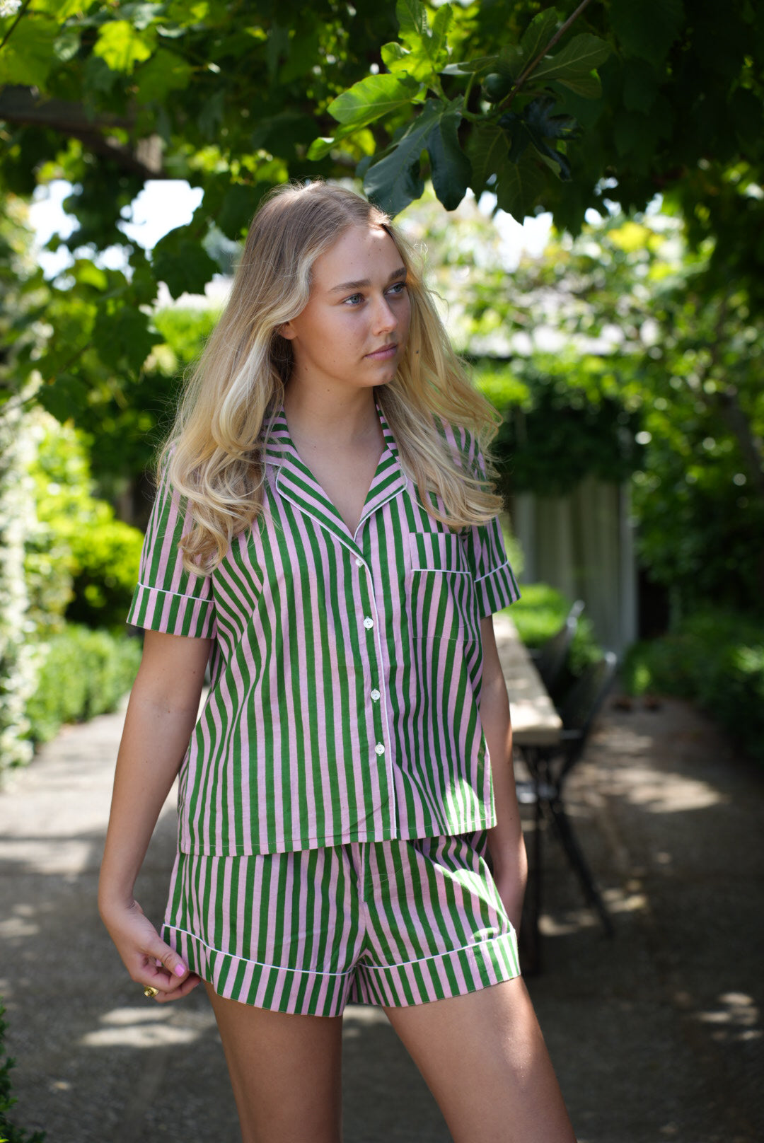 COTTON PJS | GREEN STRIPE | SHORT