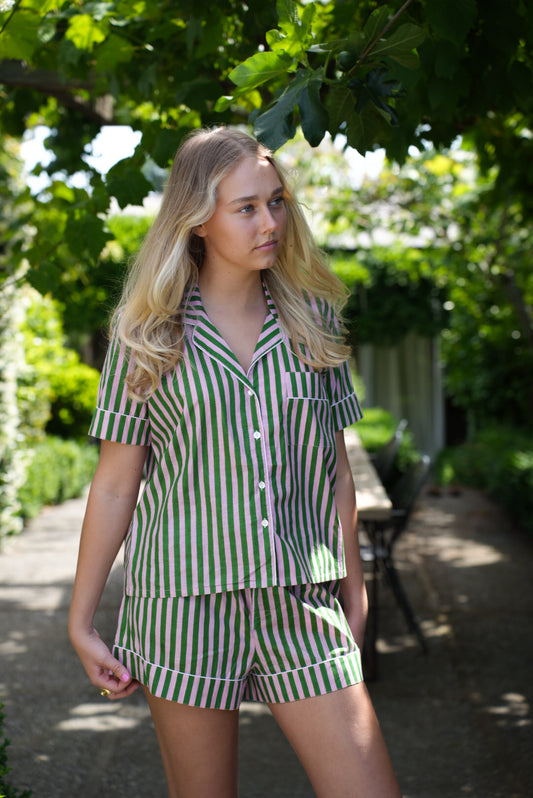 COTTON PJS | GREEN STRIPE | SHORT