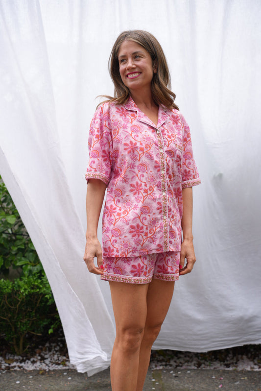 COTTON BLOCK PRINT PJS | SHORT | PINK ORANGE