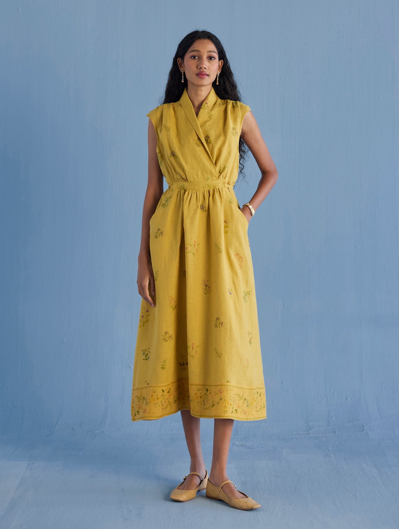 MEMA SHAWL COLLAR DRESS | OCHRE