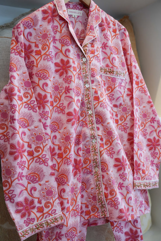 COTTON BLOCK PRINT PJS | LONG | PINK ORANGE