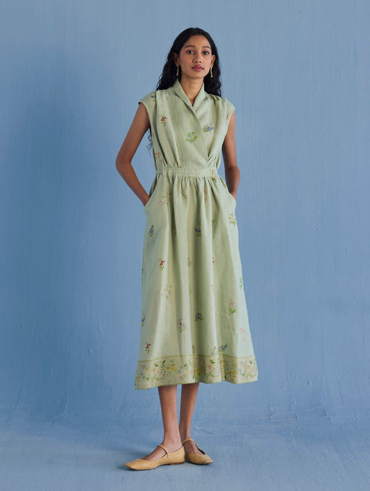 MEMA SHAWL COLLAR DRESS | SAGE
