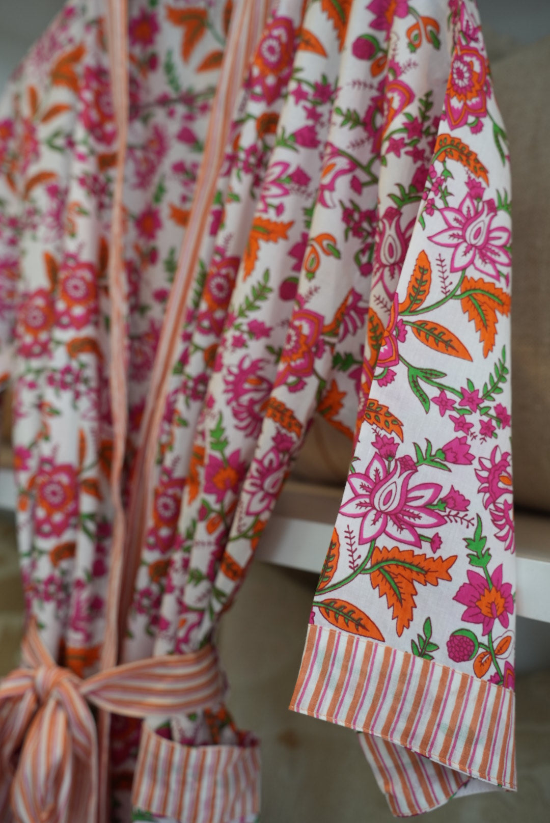 COTTON BLOCK PRINT KIMONO | WHITE PINK CORAL