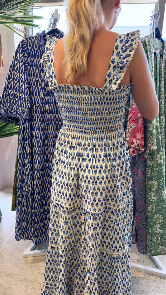 FLORENCE SMOCKED DRESS | INDIGO WHITE