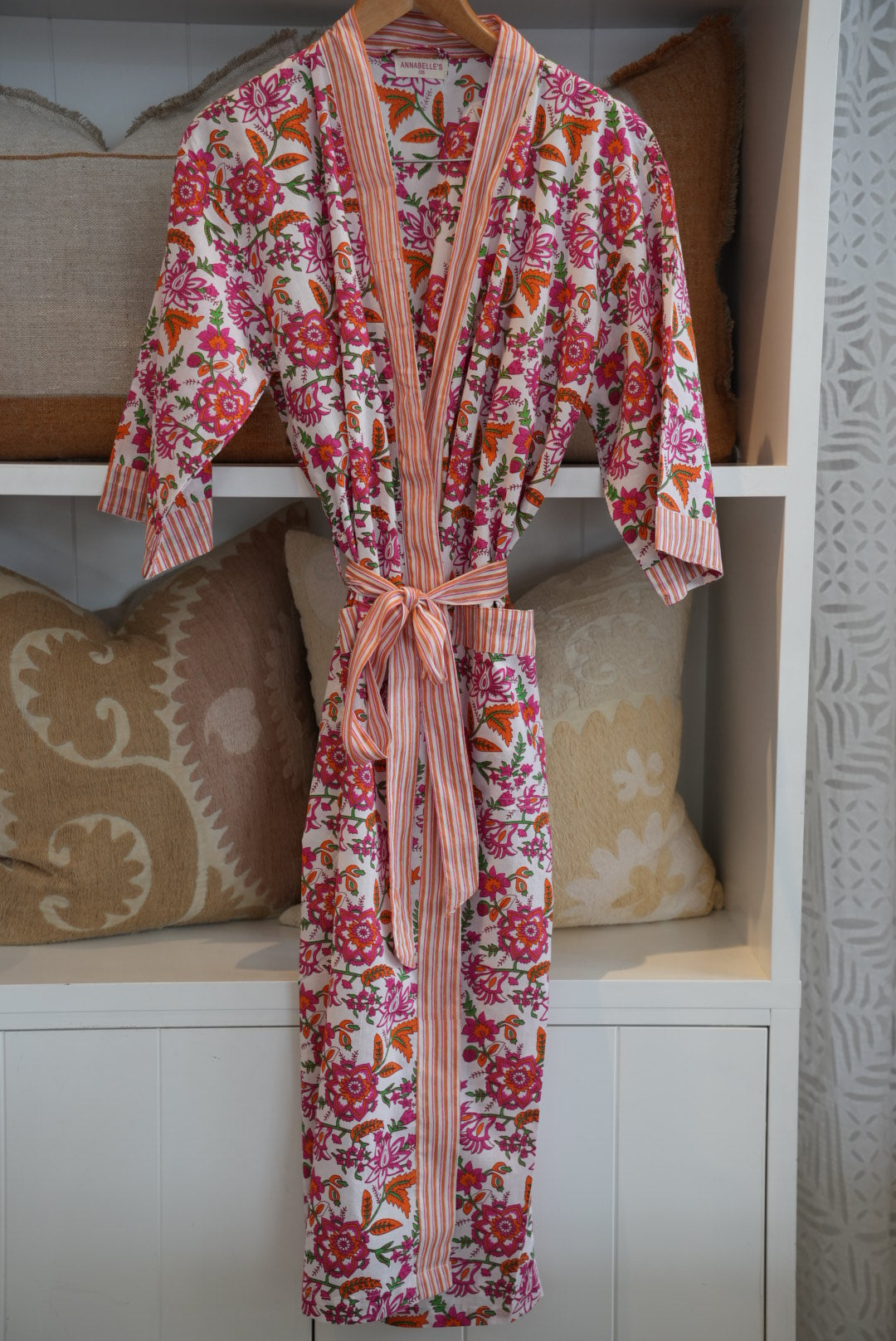 COTTON BLOCK PRINT KIMONO | WHITE PINK CORAL