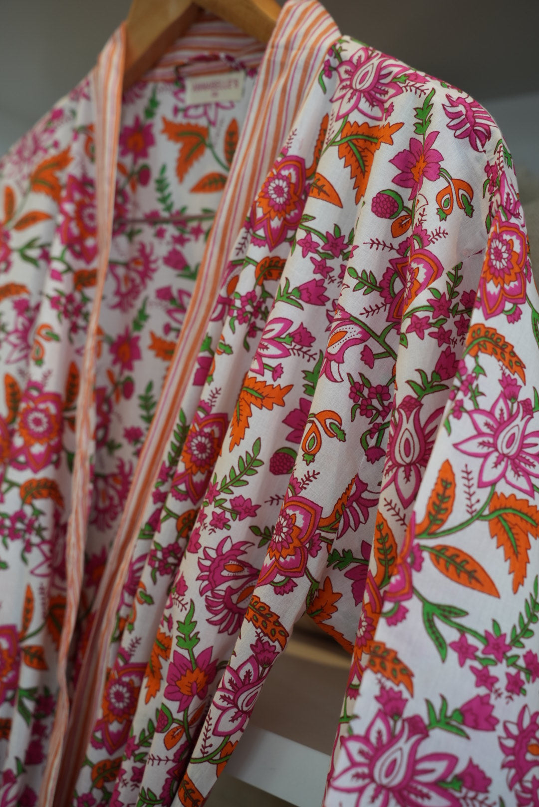 COTTON BLOCK PRINT KIMONO | WHITE PINK CORAL