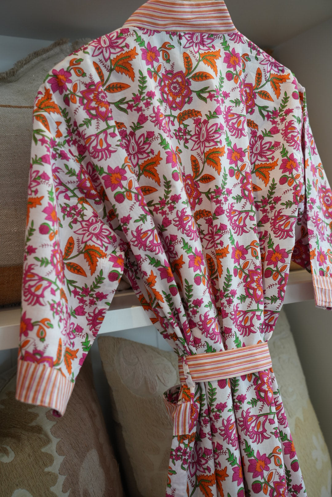 COTTON BLOCK PRINT KIMONO | WHITE PINK CORAL