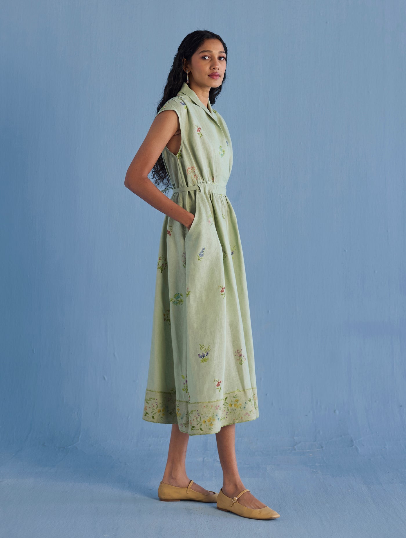 MEMA SHAWL COLLAR DRESS | SAGE