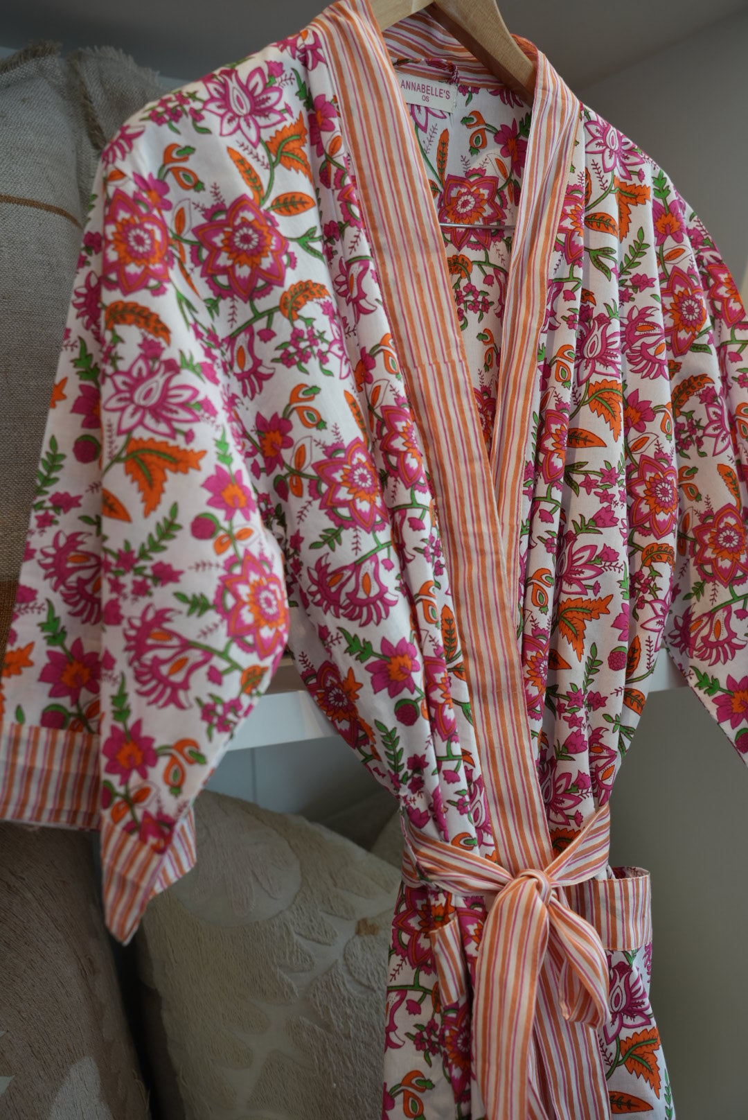 COTTON BLOCK PRINT KIMONO | WHITE PINK CORAL