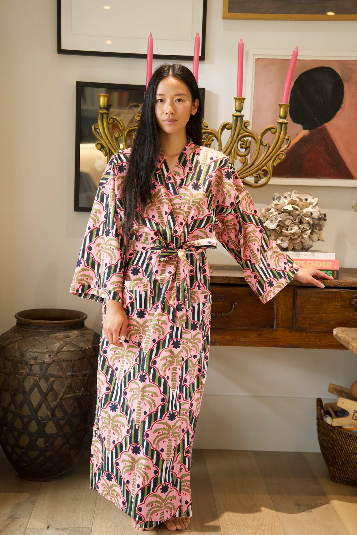 COTTON ROBE | PALM STRIPE BLACK