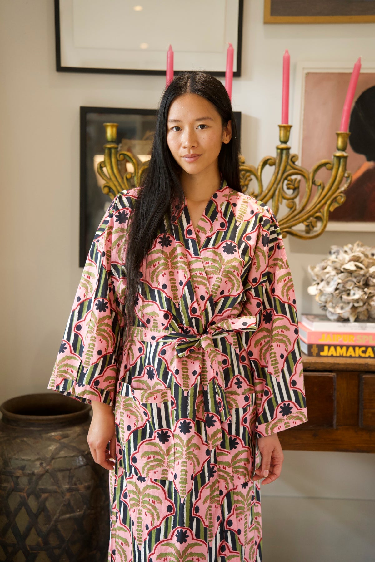 COTTON ROBE | PALM STRIPE BLACK