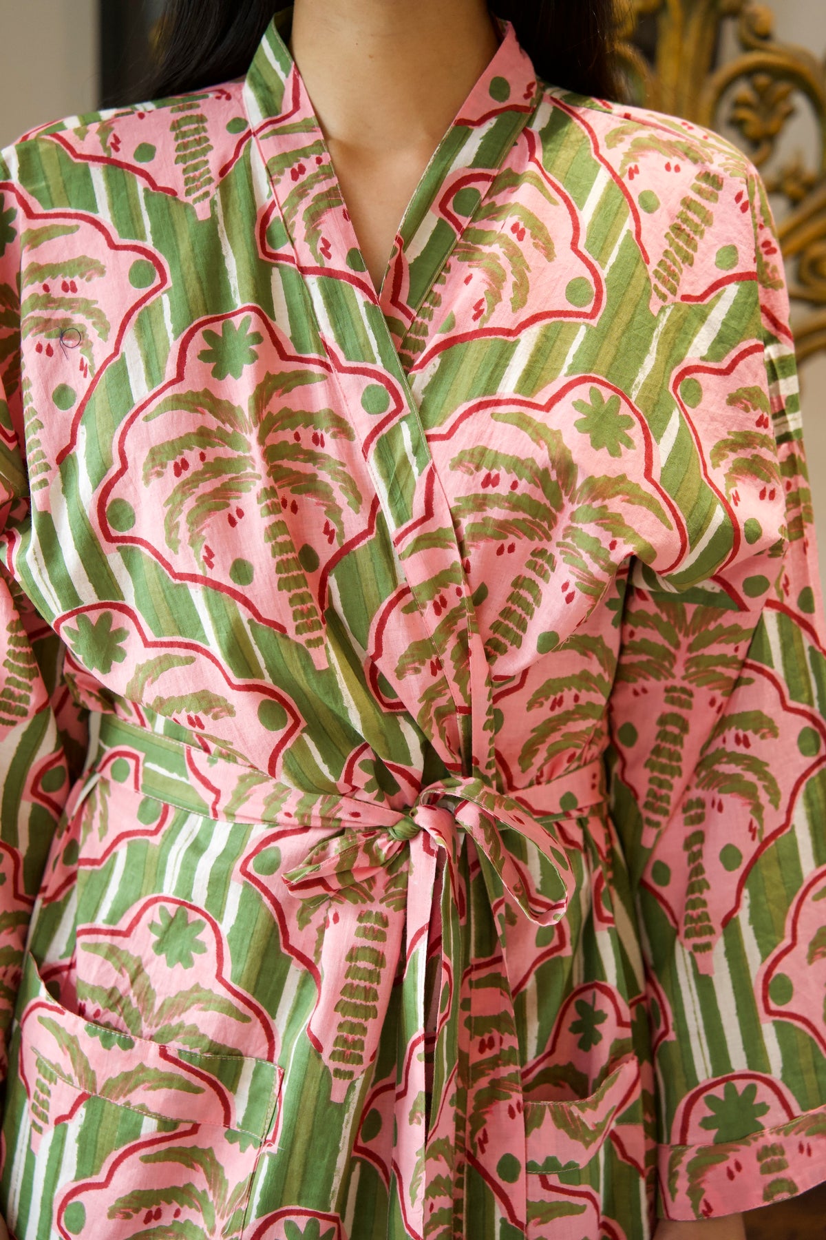 COTTON ROBE | PALM STRIPE GREEN