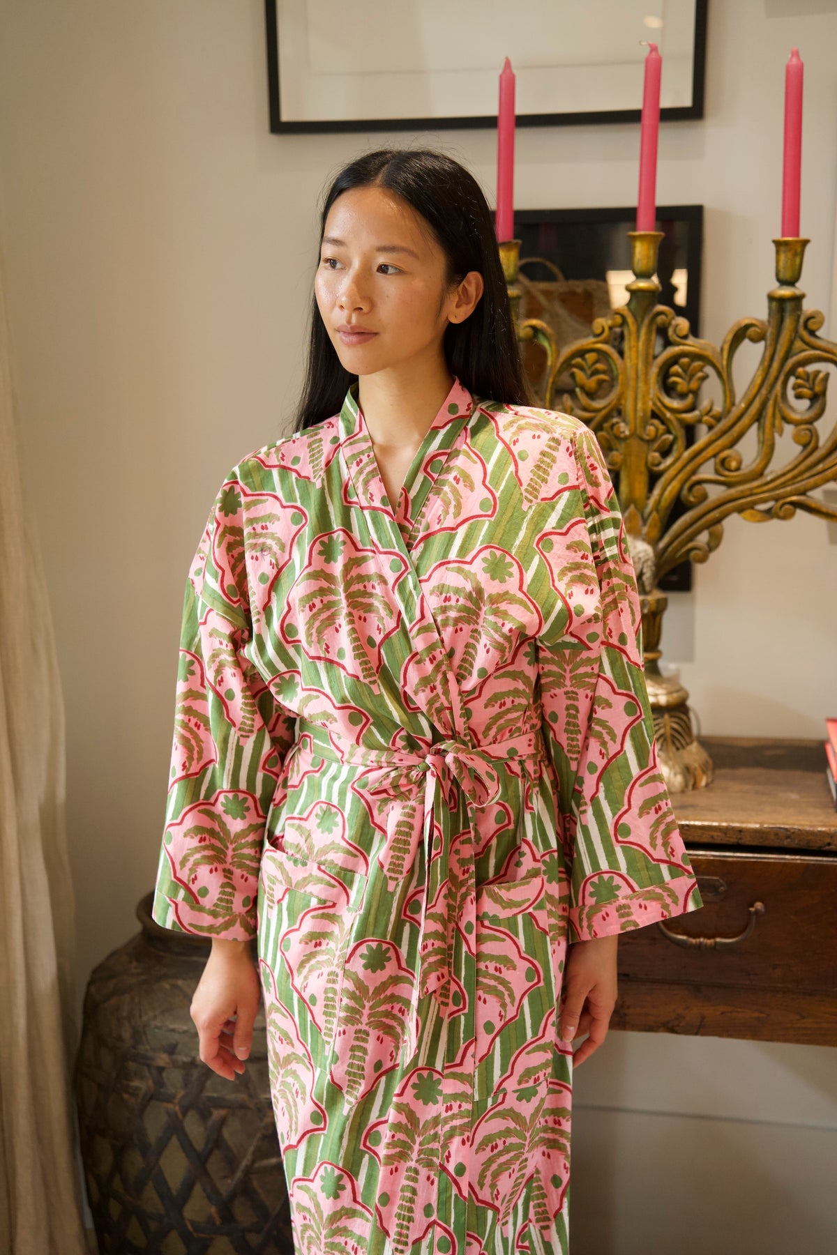 COTTON ROBE | PALM STRIPE GREEN
