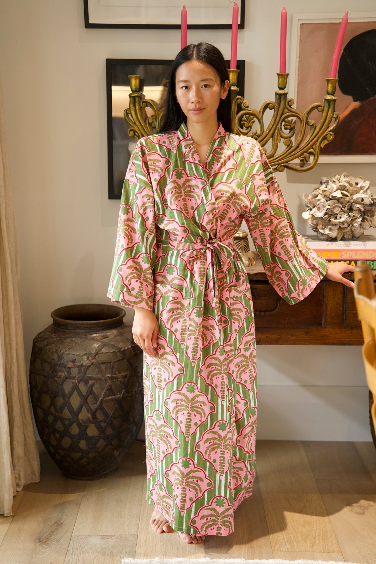 COTTON ROBE | PALM STRIPE GREEN