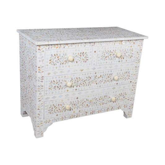 MOTHER OF PEARL INLAY 4 DRAWER CHEST / WHITE