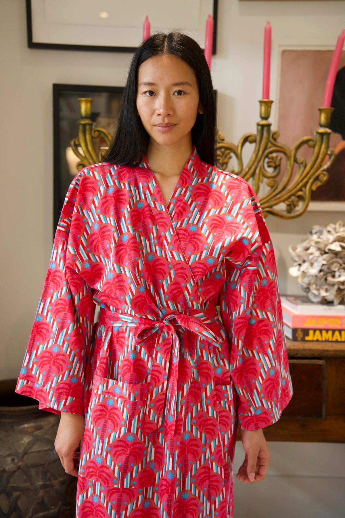 COTTON ROBE | PALM STRIPE PINK