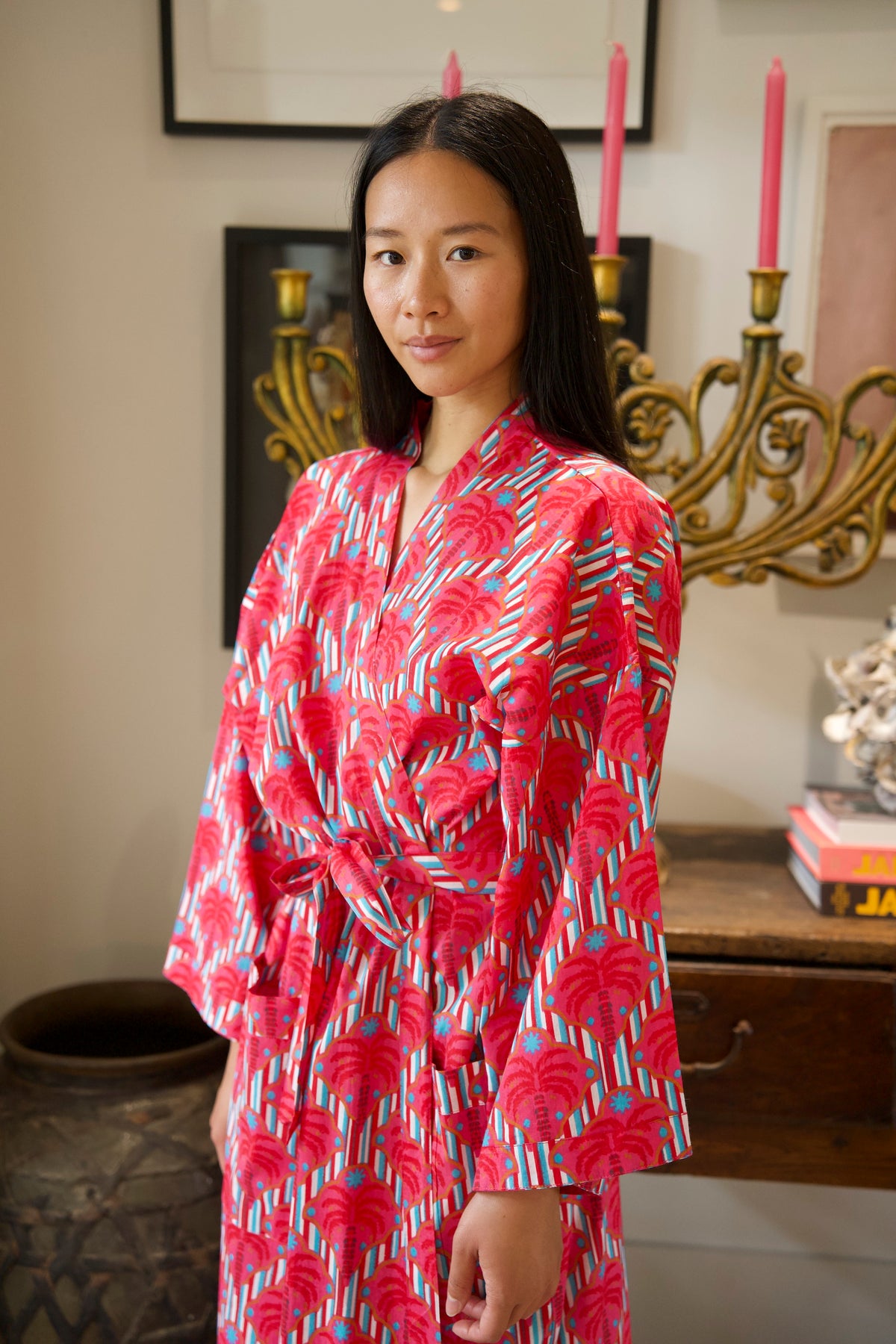 COTTON ROBE | PALM STRIPE PINK