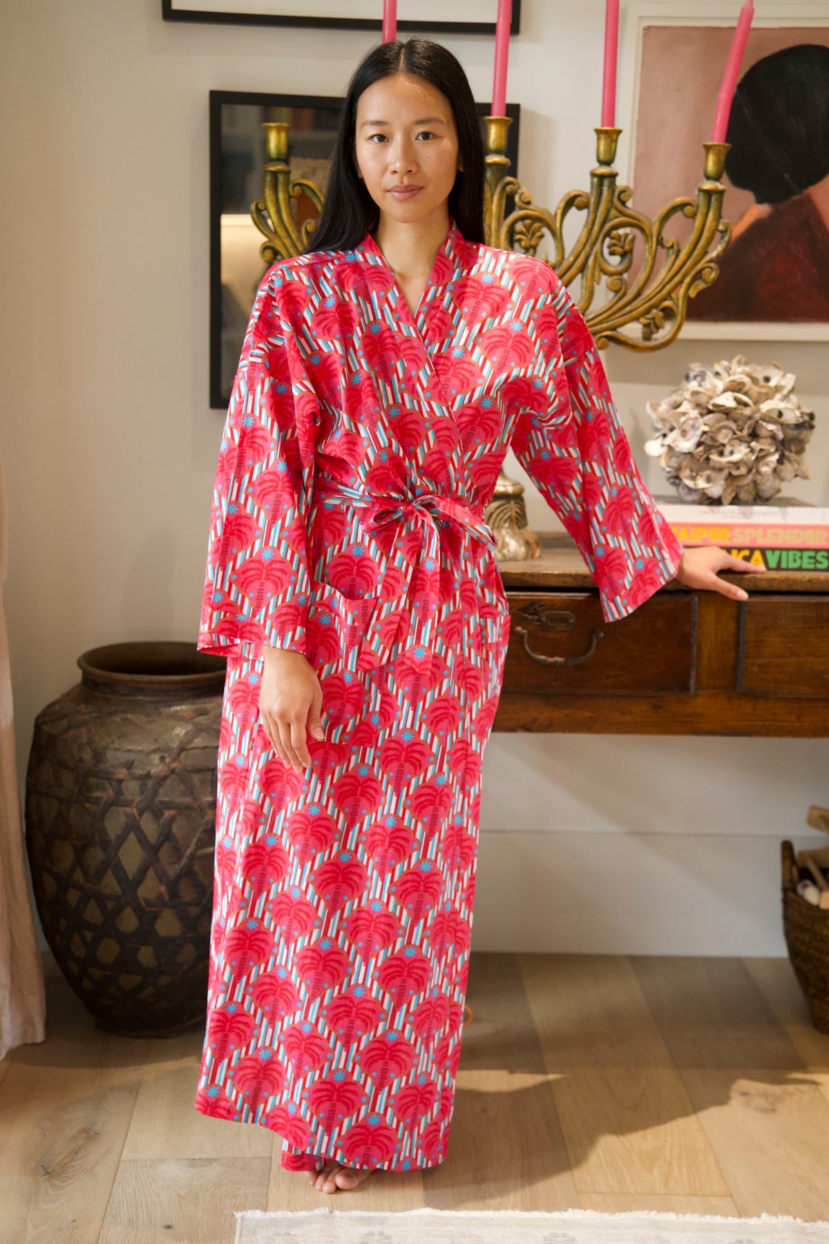 COTTON ROBE | PALM STRIPE PINK