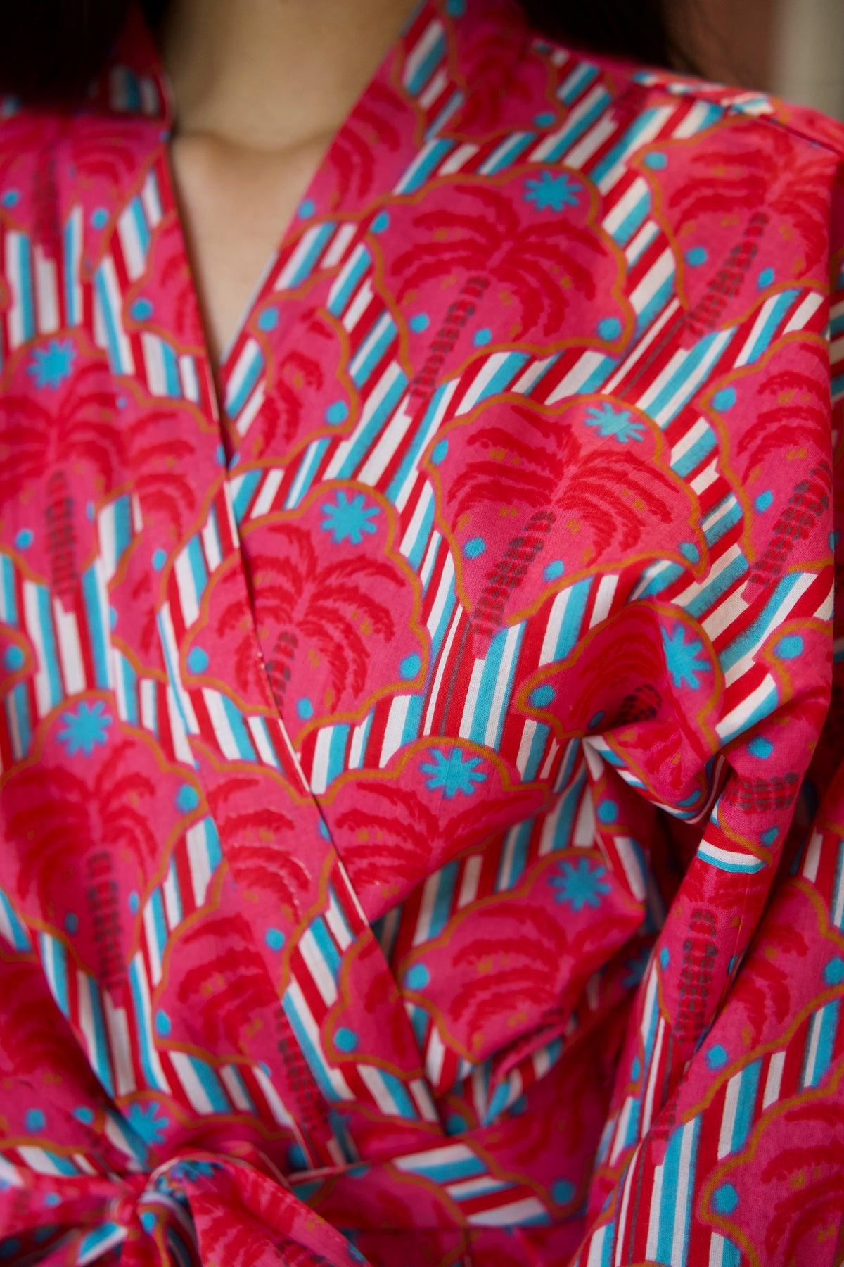 COTTON ROBE | PALM STRIPE PINK