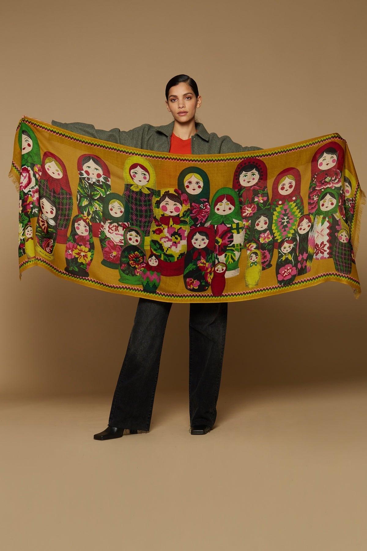 Matriochka Scarf- Golden Brown Wool & Silk by Inouï Editions